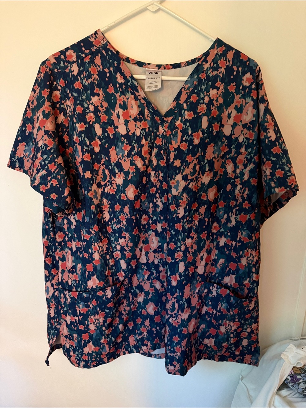 Wink Navy Floral V-Neck Scrub Top with Coral Pink Print